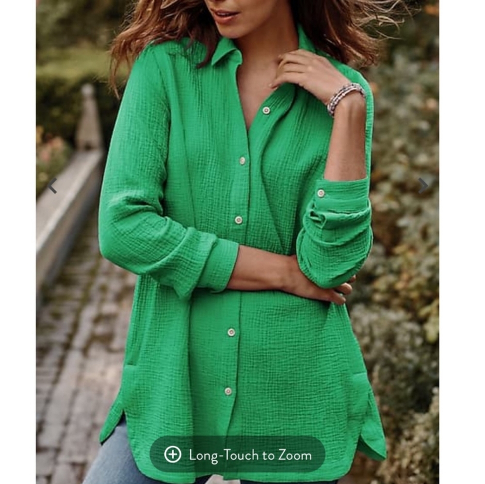 J. Jill Cotton Gauze Textured Button Down Long‎ Sleeve Shirt - Green - Petite XS